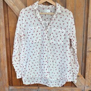 Gap Women’s Snowbird Print Boyfriend fit white button up shirt, Like New, M